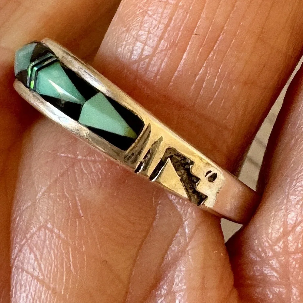 Navajo Turquoise Wedding Band Sz 8 Ring Inlay 6mm Opal‎ Multi Stone Mens Signed